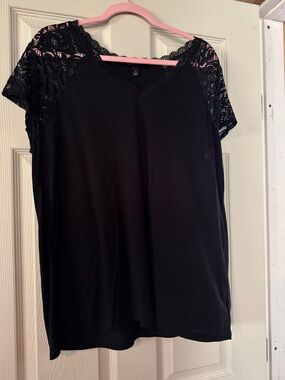 torrid Black Lace Shoulder V-Neck Tee